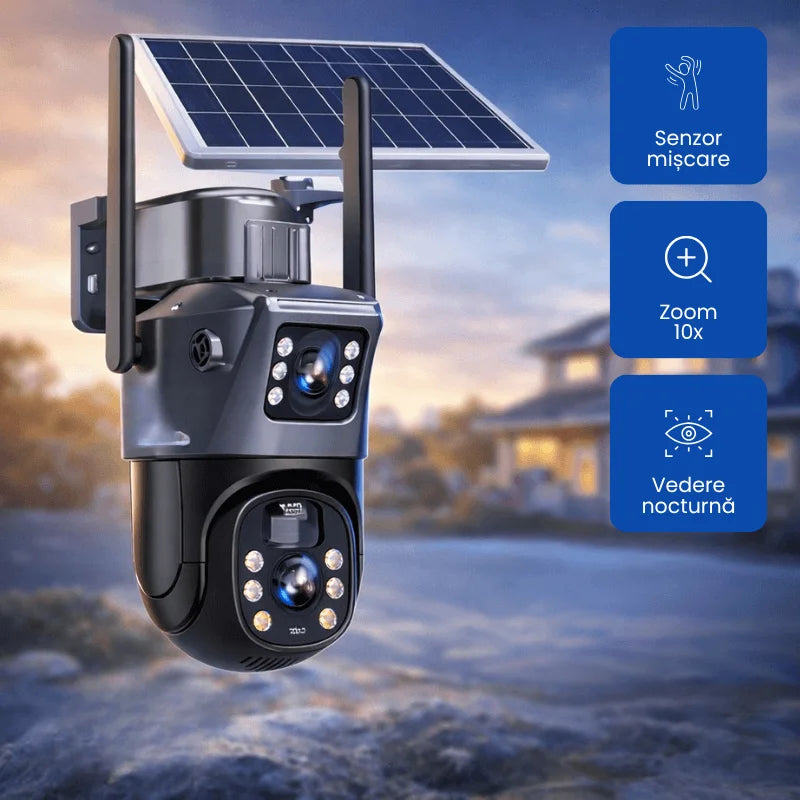 Cameră de Supraveghere Solară 4G 6MP, Lentilă Dublă, Zoom 10X, Rotire 360°, Detectare Mișcare și Vedere Nocturnă