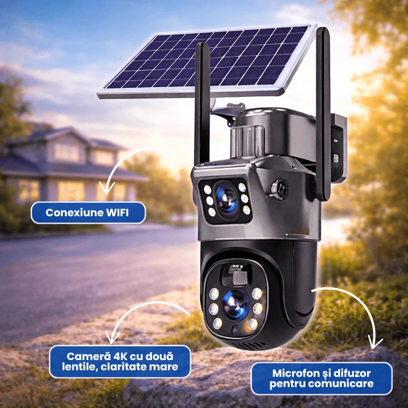 Camera de supraveghere cu panou solar, dubla,  Wi-fi, 3Mp+3Mp,  Lentila Dubla, Zoom 10X, Rotire 360°, Detectare Miscare si Vedere Nocturna