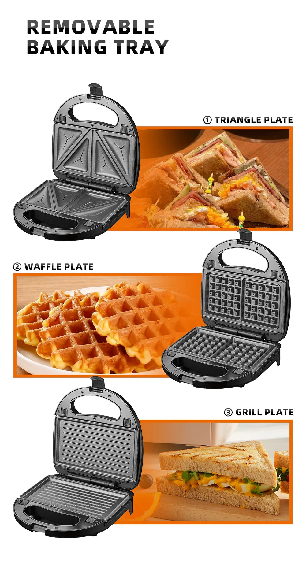 Sandwich Maker 3 în 1 HALEY HY-1031, Plăci Antiaderente pentru Sandwich, Grill și Waffle, Design Compact, Negru
