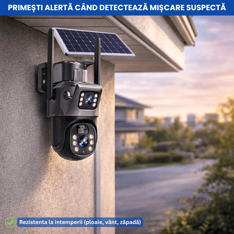 Cameră de Supraveghere Solară 4G 6MP, Lentilă Dublă, Zoom 10X, Rotire 360°, Detectare Mișcare și Vedere Nocturnă