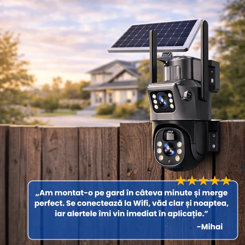 Camera de supraveghere cu panou solar, dubla,  Wi-fi, 3Mp+3Mp,  Lentila Dubla, Zoom 10X, Rotire 360°, Detectare Miscare si Vedere Nocturna