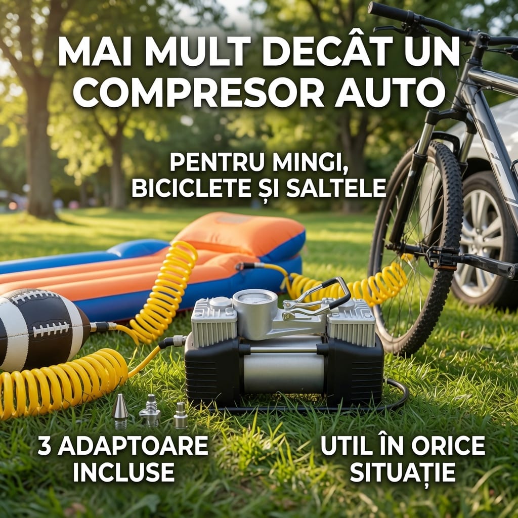 Kit reparatie pana auto + Compresor 12V 2 cilindri, 150 PSI, 7 accesorii, valiza transport