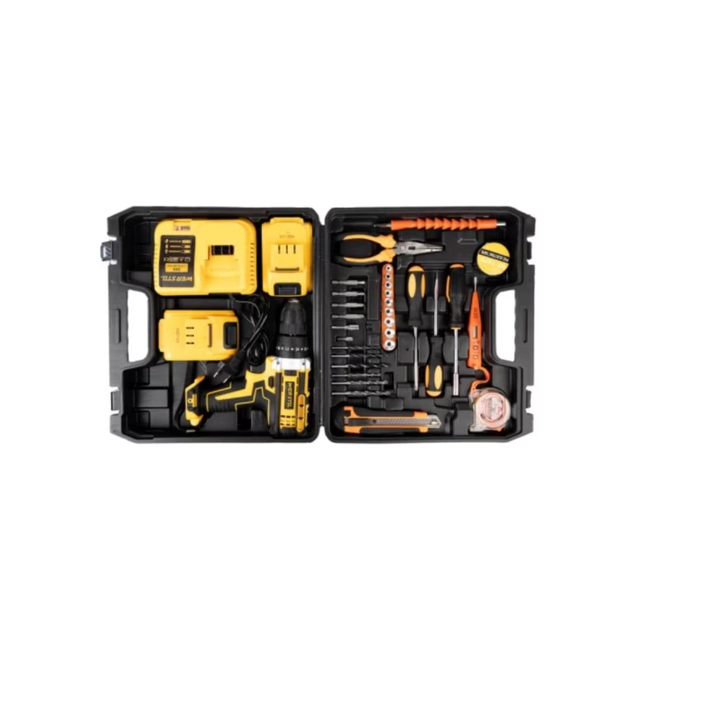 Masina de gaurit autofiletanta cu percutie, 24V, 2 acumulatori, set 26 piese, galben/negru