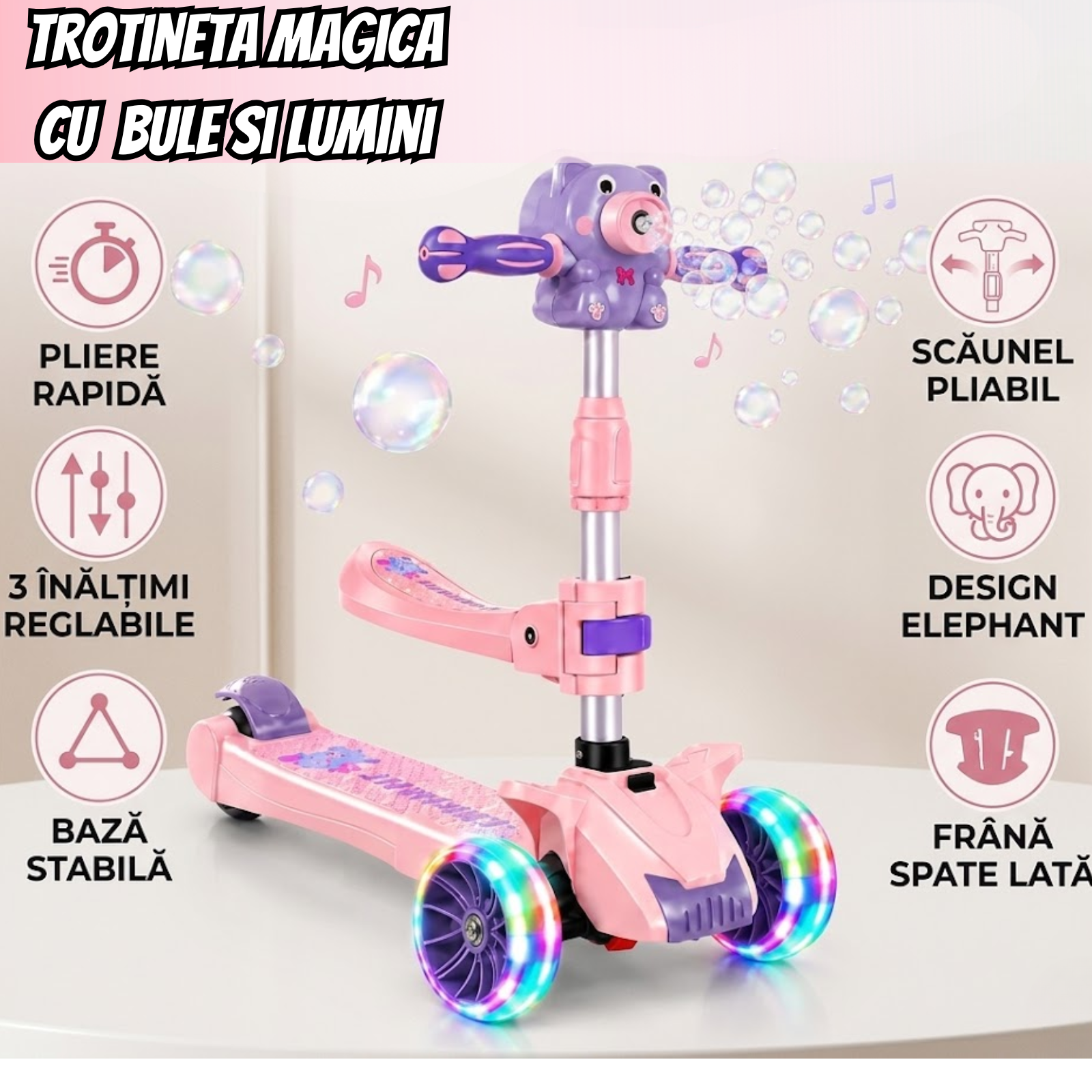 Trotineta Pliabila pentru Copii, Cu Lumini, Muzica si Baloane de Sapun, Usor de Transportat si Folosit