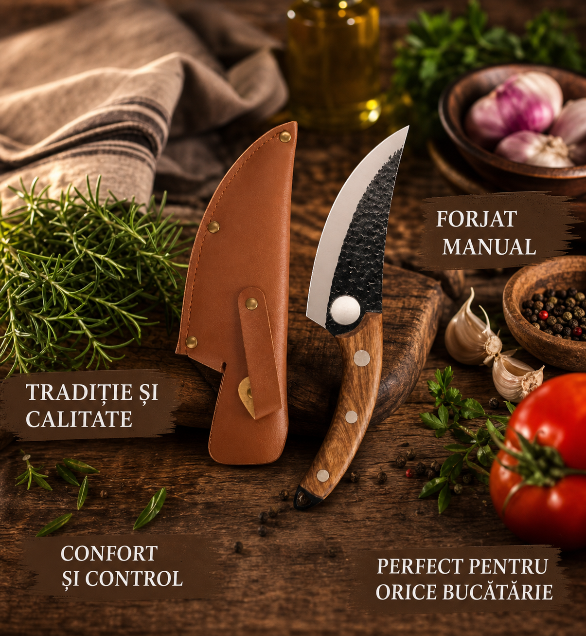 Set 2 cuțite profesionale 27,5 cm, forjate manual — oțel inoxidabil, mâner maro