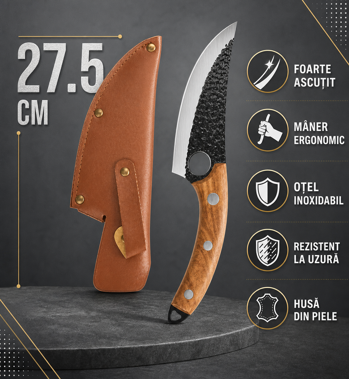 Set 2 cuțite profesionale 27,5 cm, forjate manual — oțel inoxidabil, mâner maro