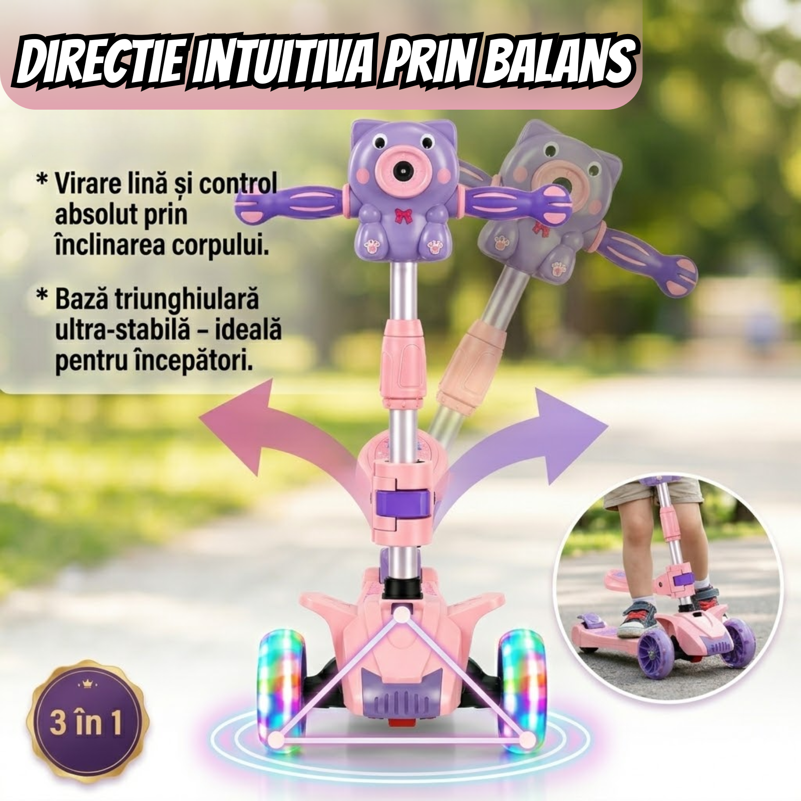 Trotineta Pliabila pentru Copii, Cu Lumini, Muzica si Baloane de Sapun, Usor de Transportat si Folosit
