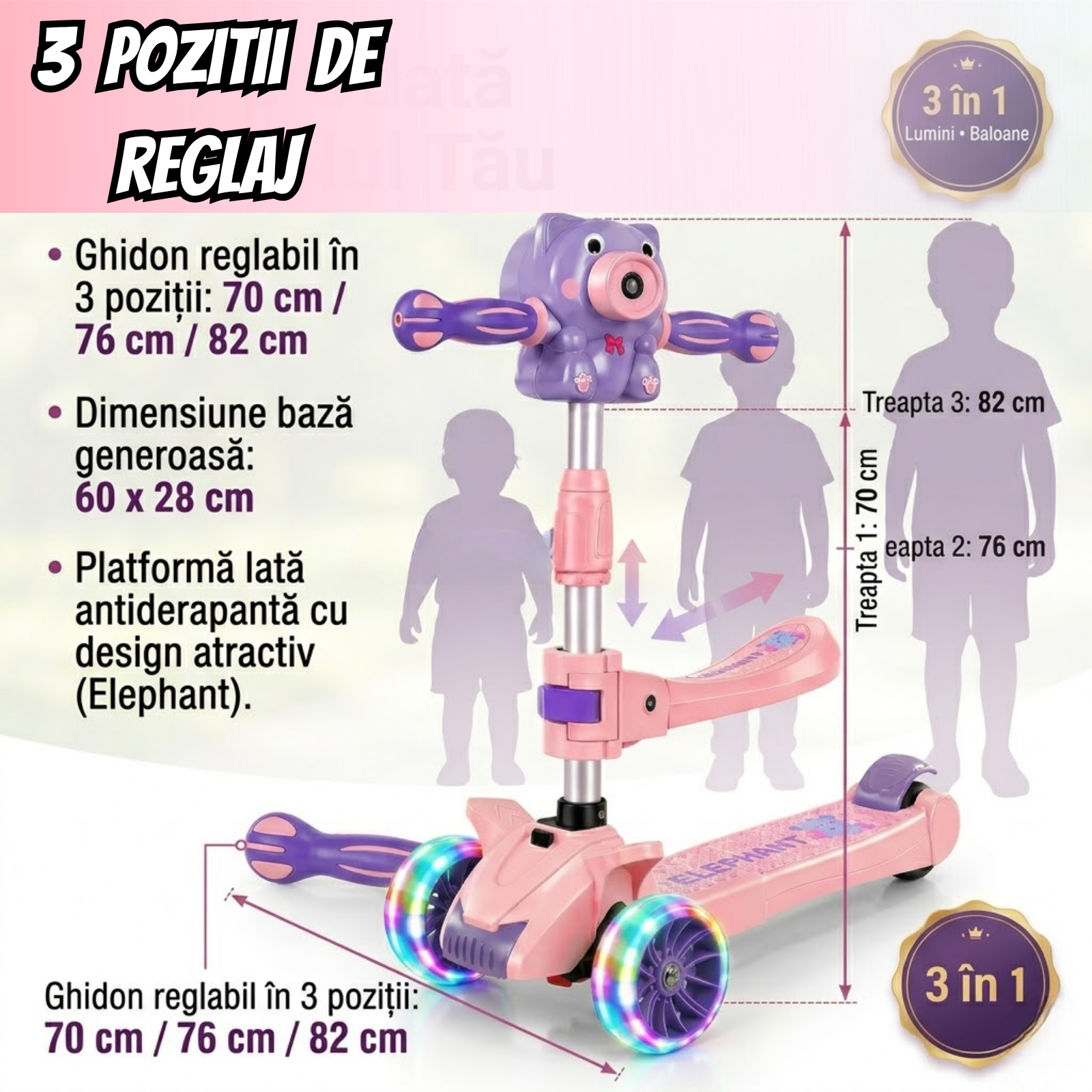 Trotineta Pliabila pentru Copii, Cu Lumini, Muzica si Baloane de Sapun, Usor de Transportat si Folosit