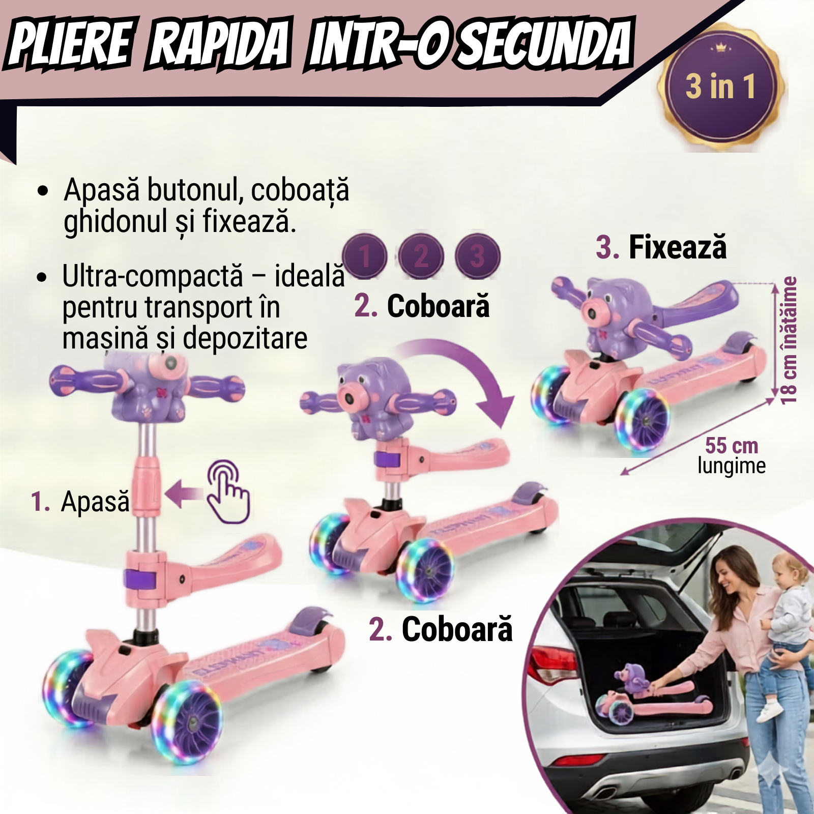 Trotineta Pliabila pentru Copii, Cu Lumini, Muzica si Baloane de Sapun, Usor de Transportat si Folosit