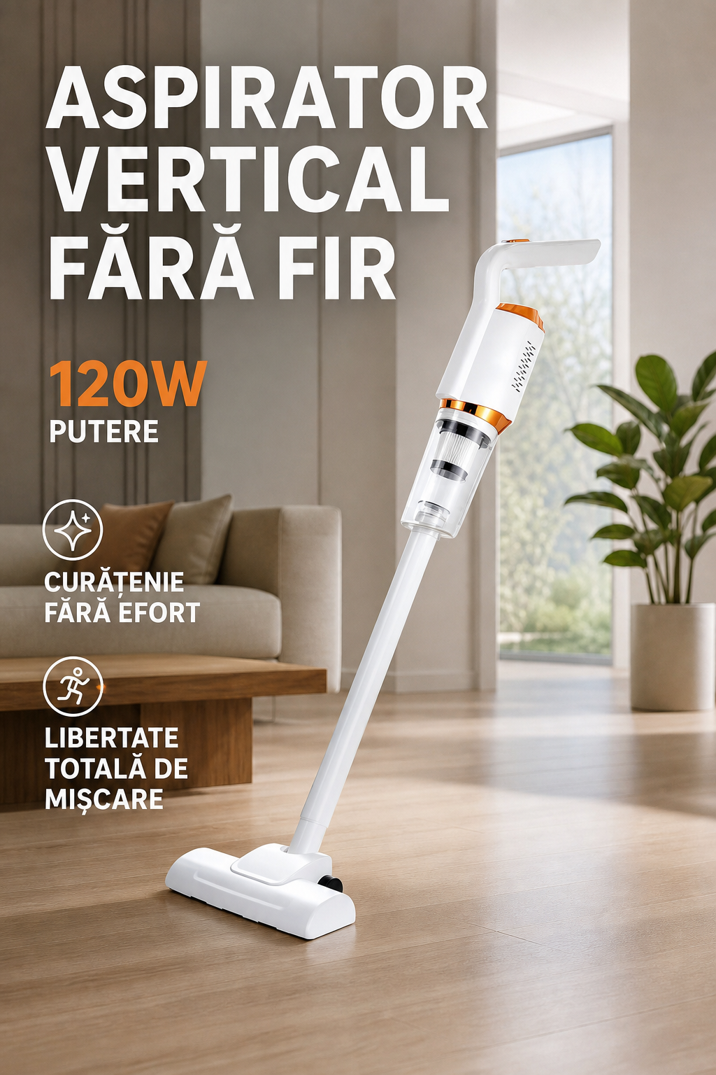 Aspirator vertical portabil, fara fir 120 W