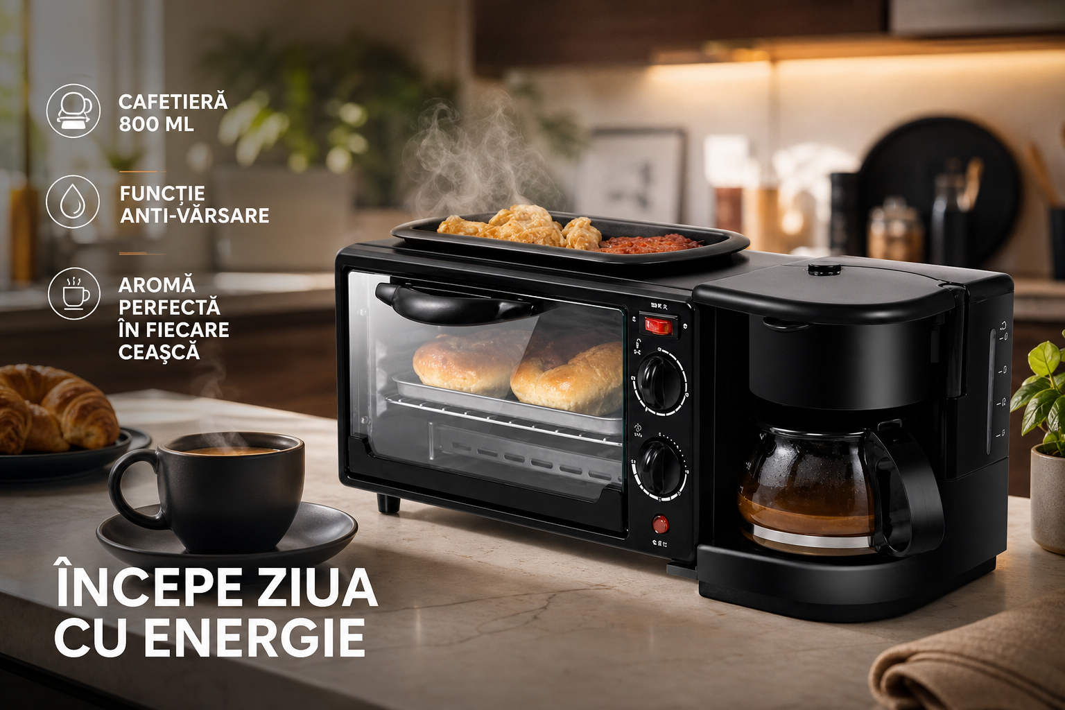 Aparat Multifunctional Mic Dejun – Cafetiera, Prajitor Paine si Grill