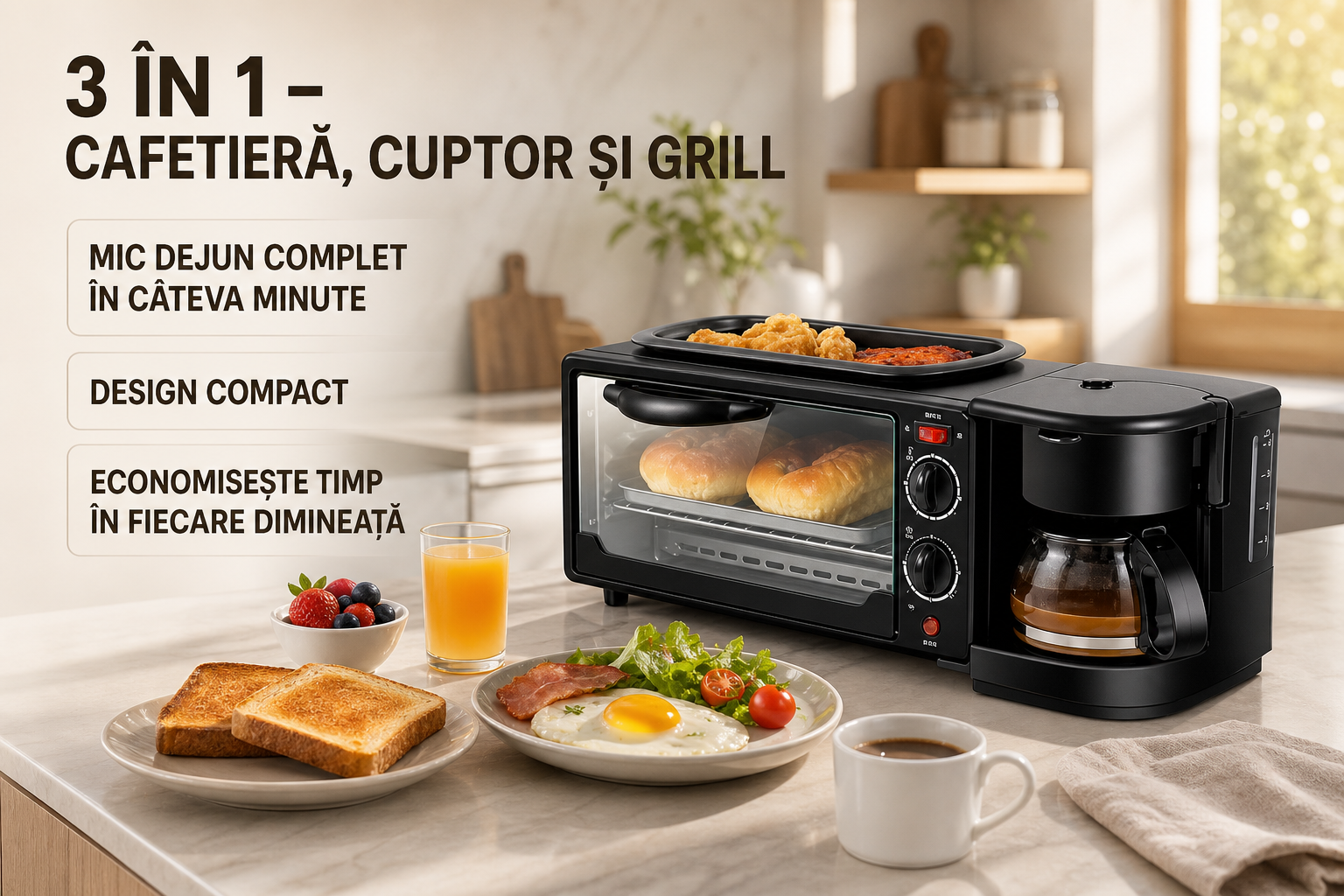 Aparat Multifunctional Mic Dejun – Cafetiera, Prajitor Paine si Grill