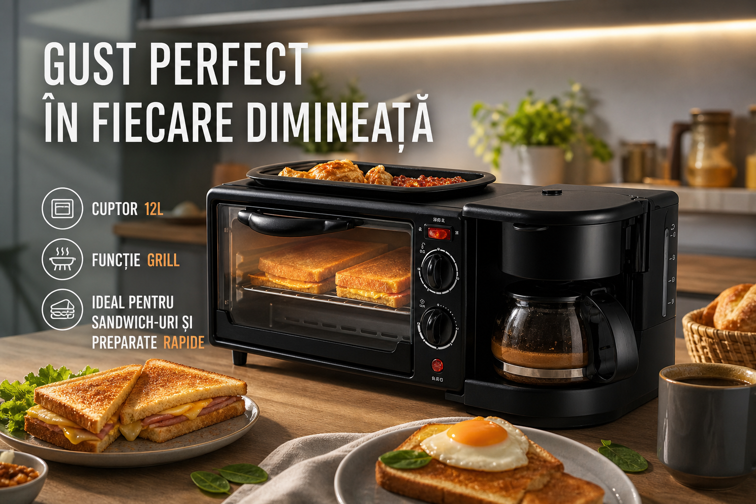 Aparat Multifunctional Mic Dejun – Cafetiera, Prajitor Paine si Grill