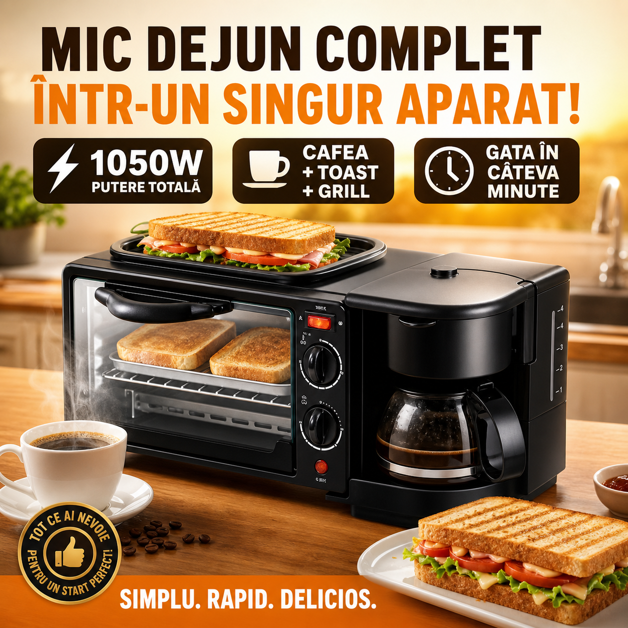 Aparat Multifunctional Mic Dejun – Cafetiera, Prajitor Paine si Grill