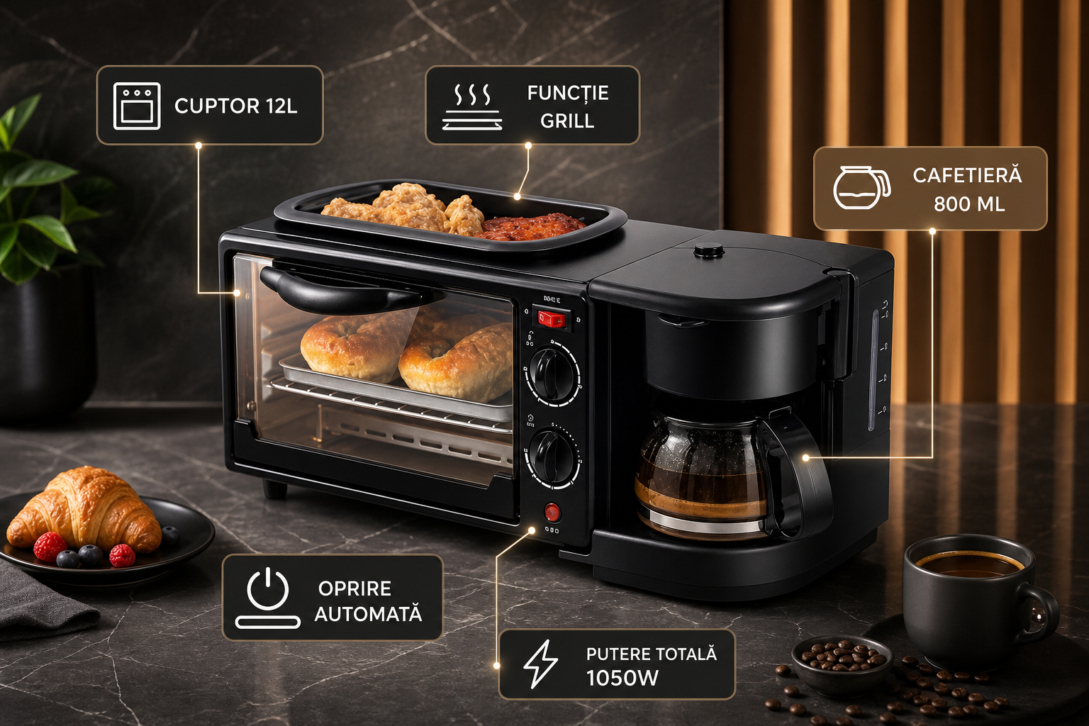 Aparat Multifunctional Mic Dejun – Cafetiera, Prajitor Paine si Grill