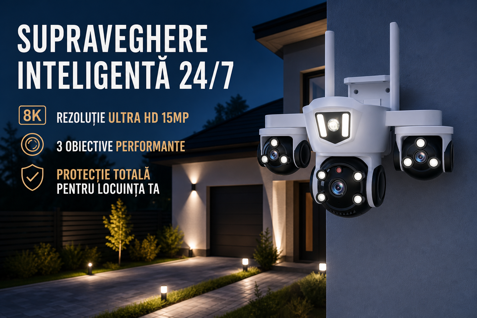Camera de Supraveghere WiFi cu 3 Obiective, 15MP, Zoom 10X, Rotatie 360°, Night Vision Color, IP66