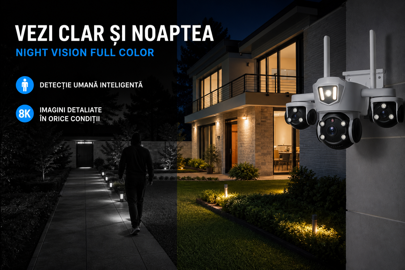 Camera de Supraveghere WiFi cu 3 Obiective, 15MP, Zoom 10X, Rotatie 360°, Night Vision Color, IP66