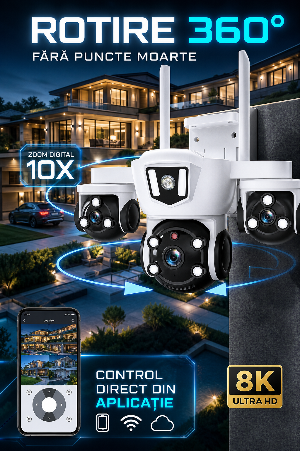 Camera de Supraveghere WiFi cu 3 Obiective, 15MP, Zoom 10X, Rotatie 360°, Night Vision Color, IP66