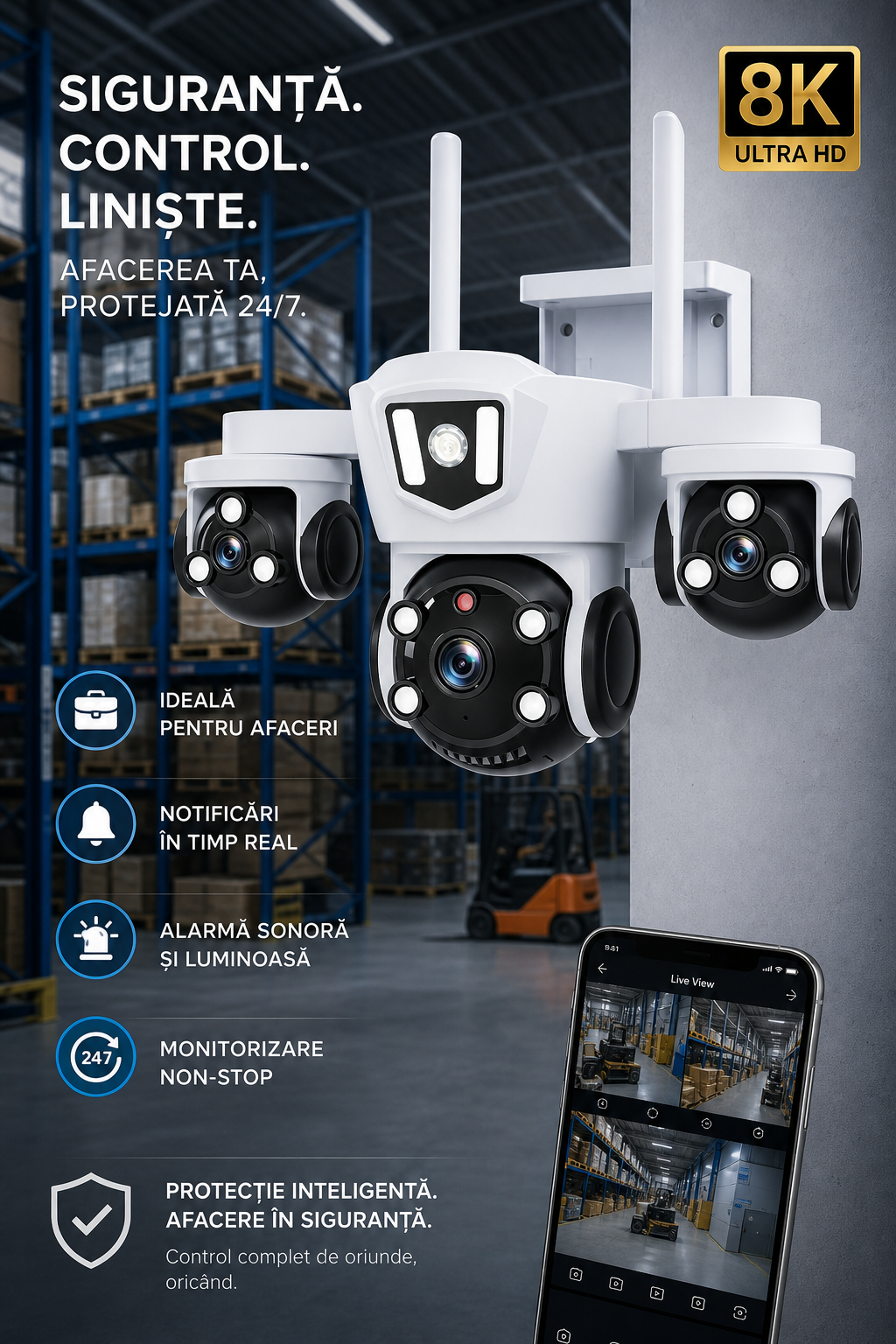 Camera de Supraveghere WiFi cu 3 Obiective, 15MP, Zoom 10X, Rotatie 360°, Night Vision Color, IP66