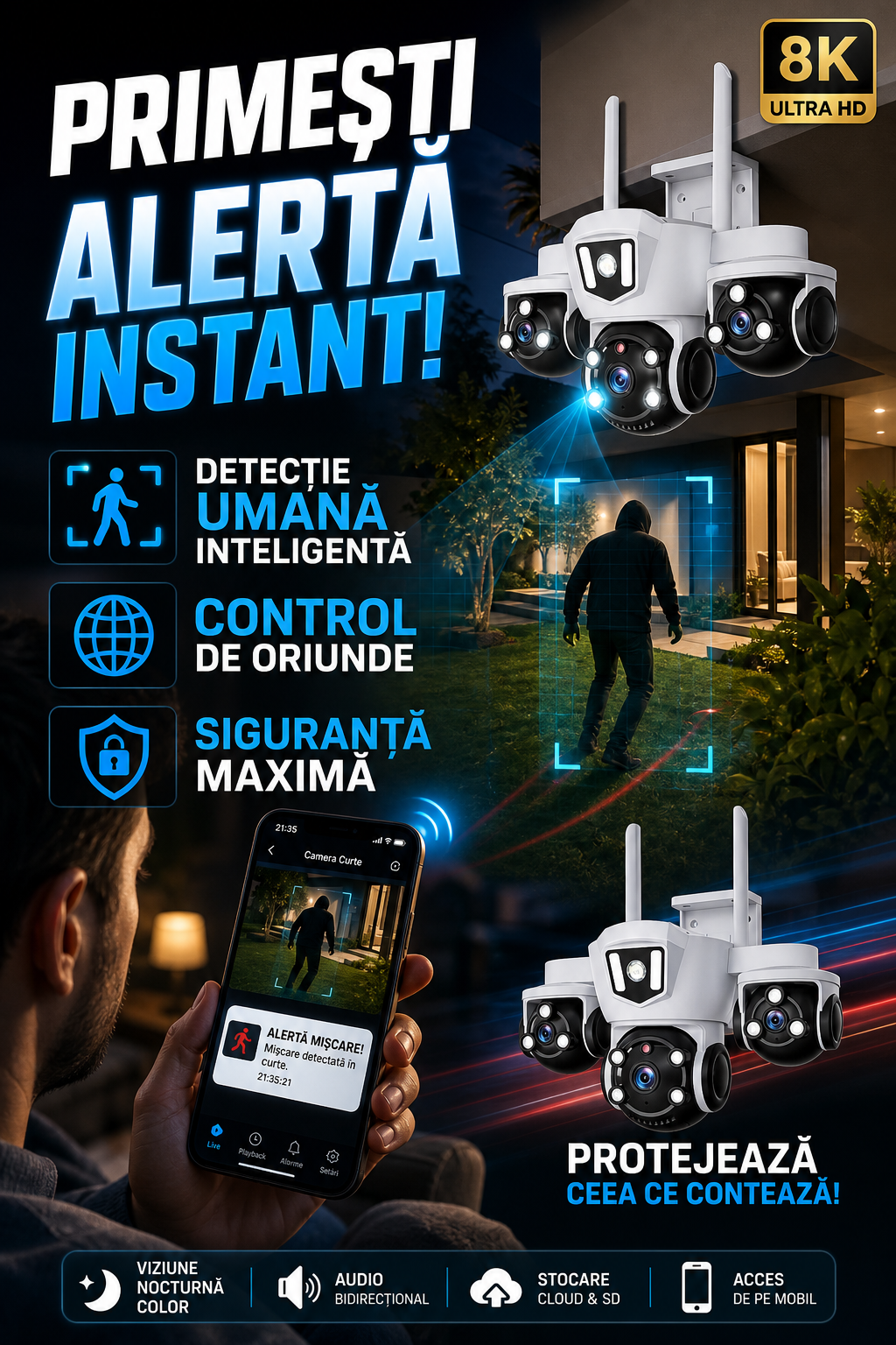 Camera de Supraveghere WiFi cu 3 Obiective, 15MP, Zoom 10X, Rotatie 360°, Night Vision Color, IP66