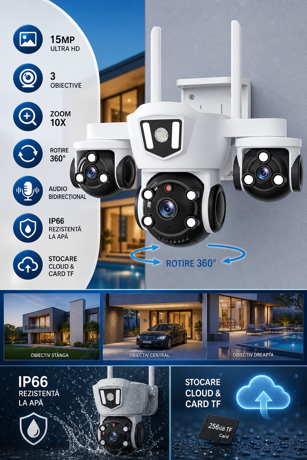 Camera de Supraveghere WiFi cu 3 Obiective, 15MP, Zoom 10X, Rotatie 360°, Night Vision Color, IP66