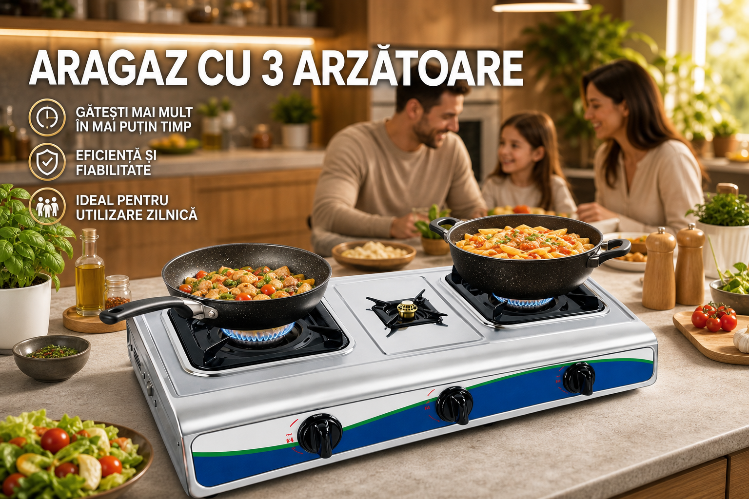 Aragaz pe Gaz cu 3 Arzatoare, Carcasa Metalica, 72 x 39 x 10 cm