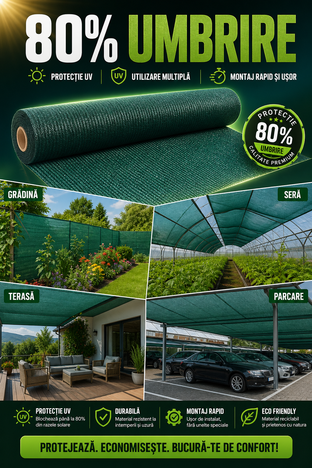 Plasa de Umbrire 2 x 25 m, Grad de Umbrire 80%, HDPE Rezistent UV