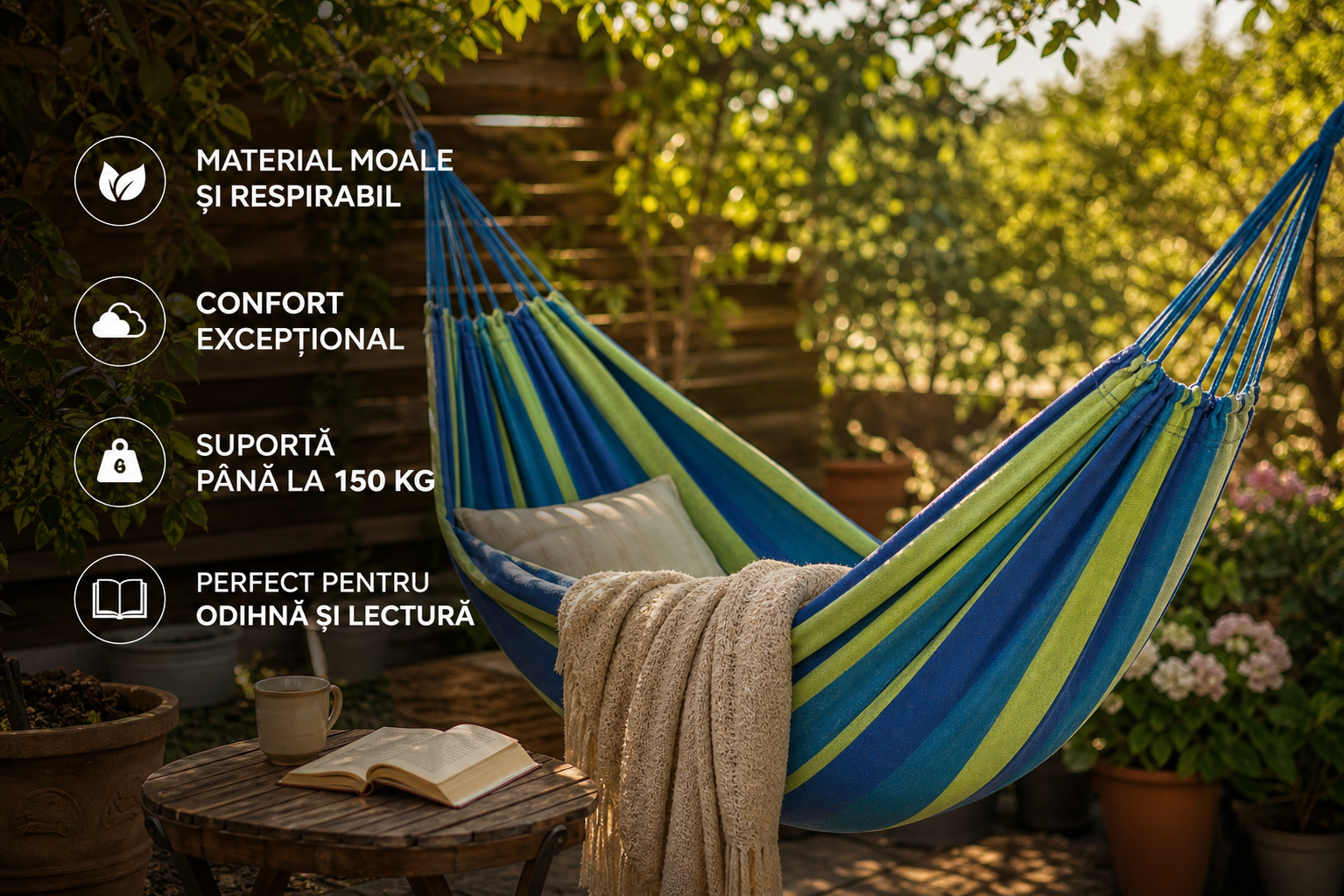 Hamac din Bumbac 190 x 150 cm, Capacitate 150 kg, pentru Gradina, Terasa si Camping