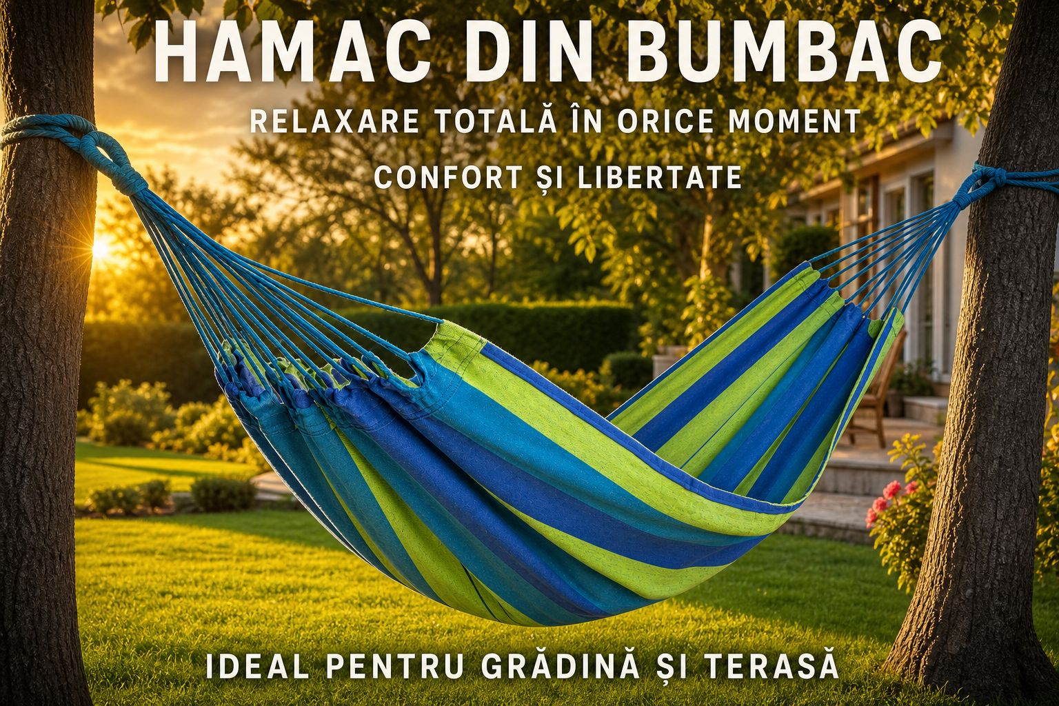 Hamac din Bumbac 190 x 150 cm, Capacitate 150 kg, pentru Gradina, Terasa si Camping
