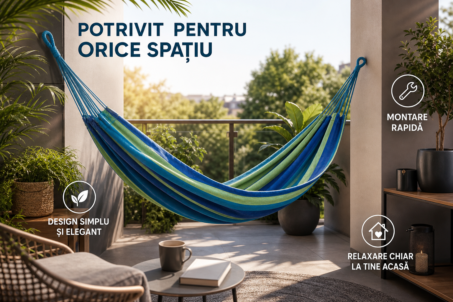 Hamac din Bumbac 190 x 150 cm, Capacitate 150 kg, pentru Gradina, Terasa si Camping