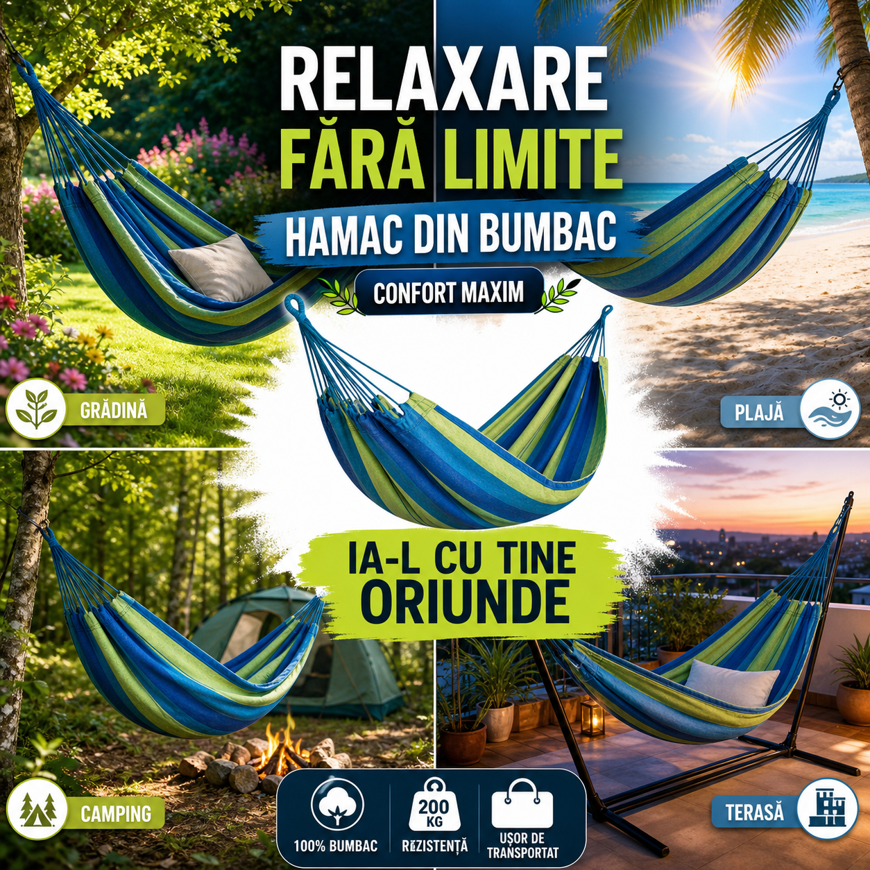 Hamac din Bumbac 190 x 150 cm, Capacitate 150 kg, pentru Gradina, Terasa si Camping