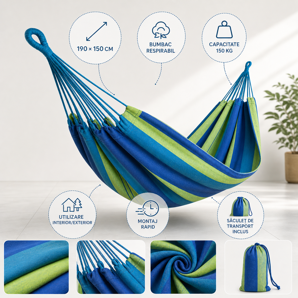 Hamac din Bumbac 190 x 150 cm, Capacitate 150 kg, pentru Gradina, Terasa si Camping
