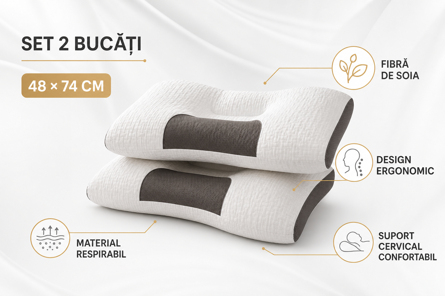 Set 2 Perne Ortopedice Cervicale cu Fibra de Soia, 48 x 74 cm