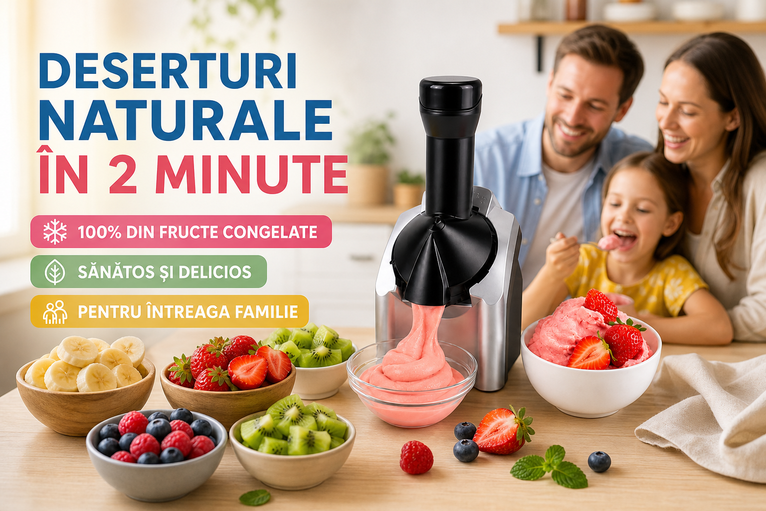 Aparat pentru Deserturi din Fructe Congelate, Preparare în 2 Minute, 12W