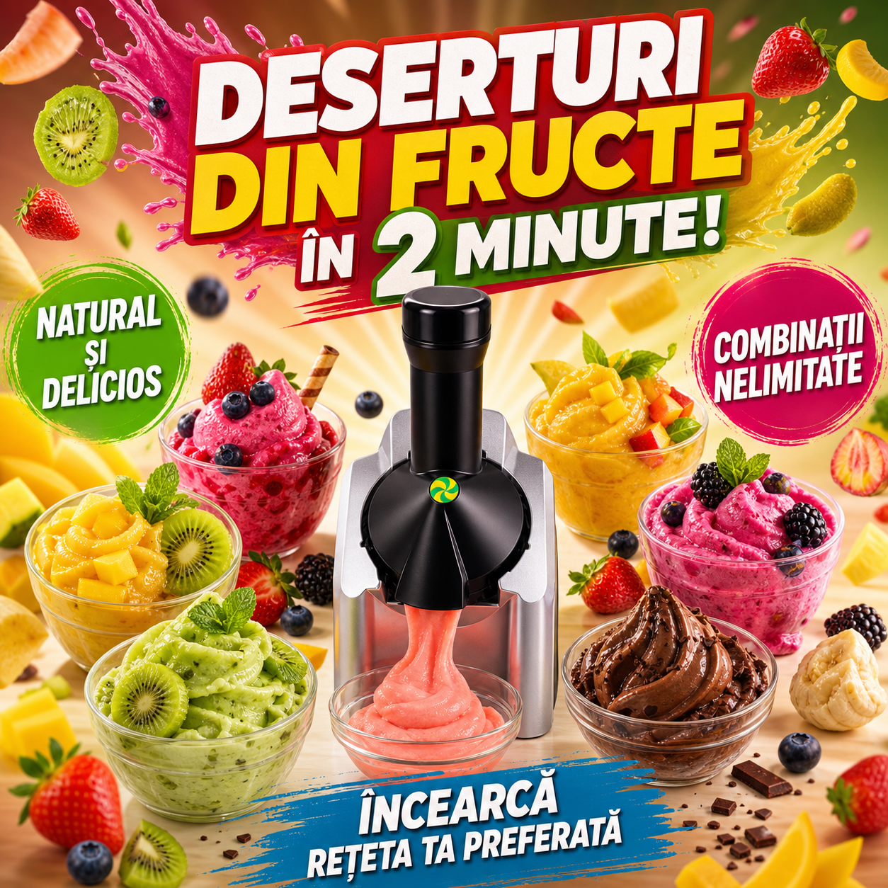 Aparat pentru Deserturi din Fructe Congelate, Preparare în 2 Minute, 12W