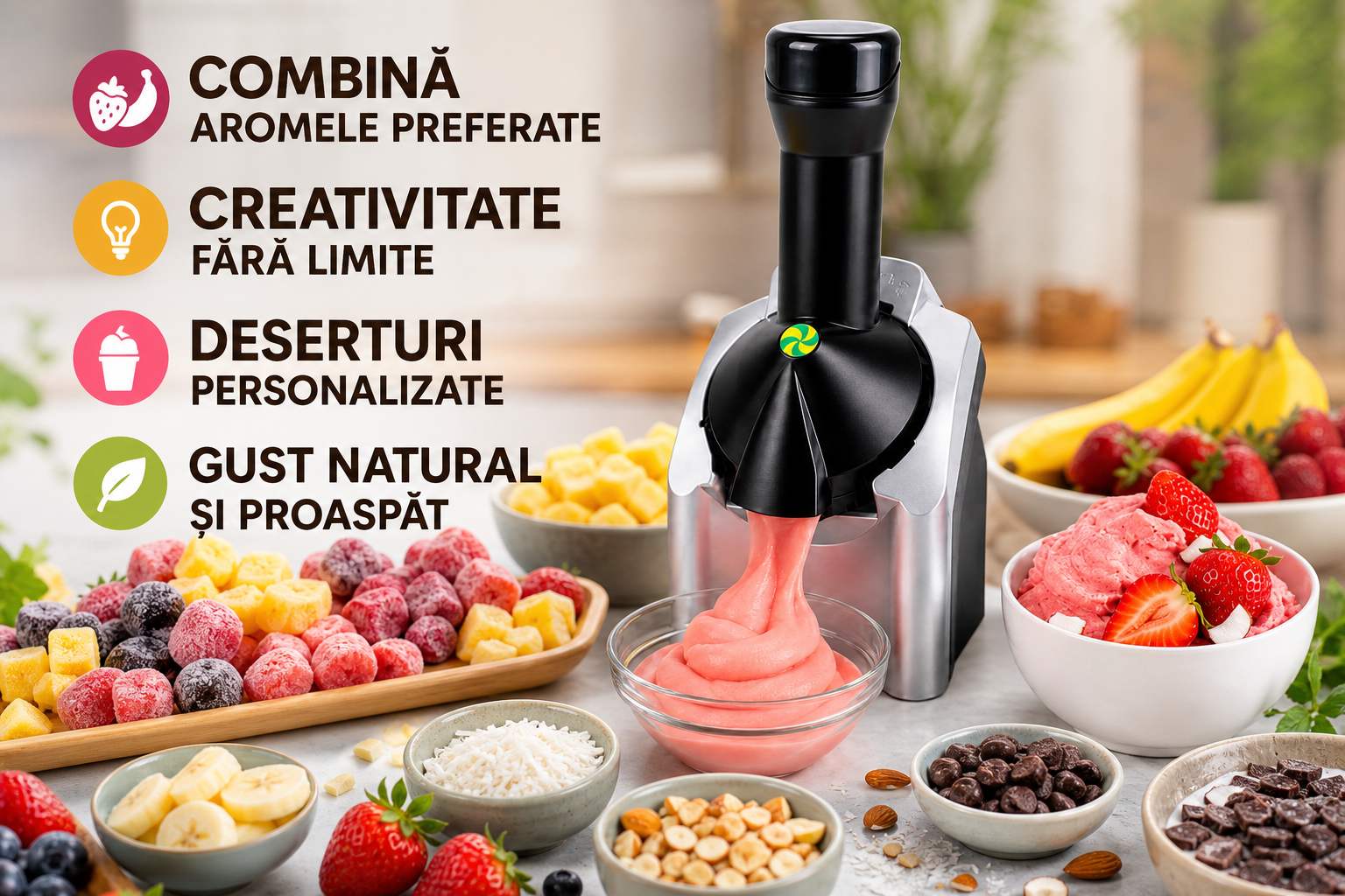 Aparat pentru Deserturi din Fructe Congelate, Preparare în 2 Minute, 12W
