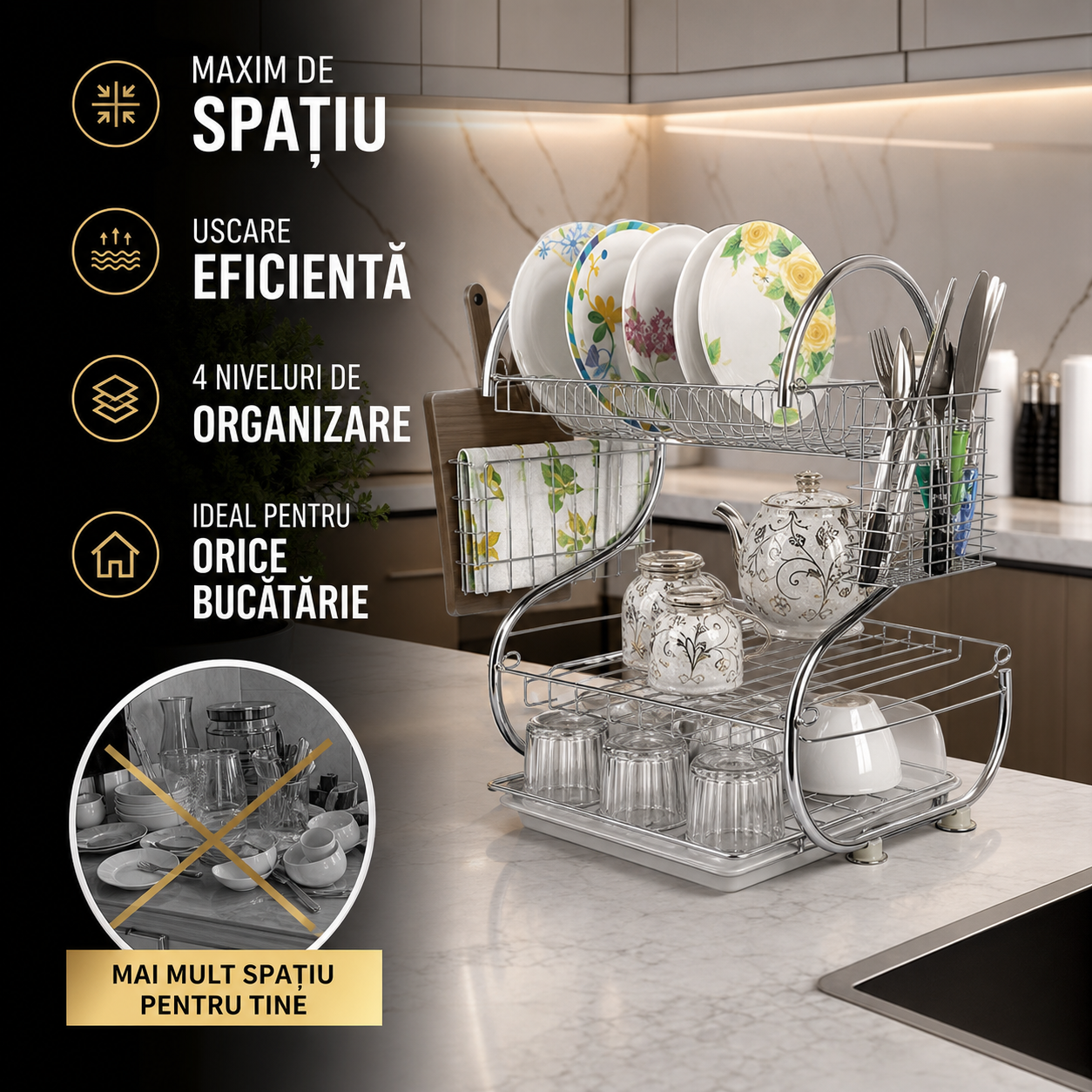 Uscator vase, 2 Niveluri, Compartimente pentru Tacâmuri și Pahare