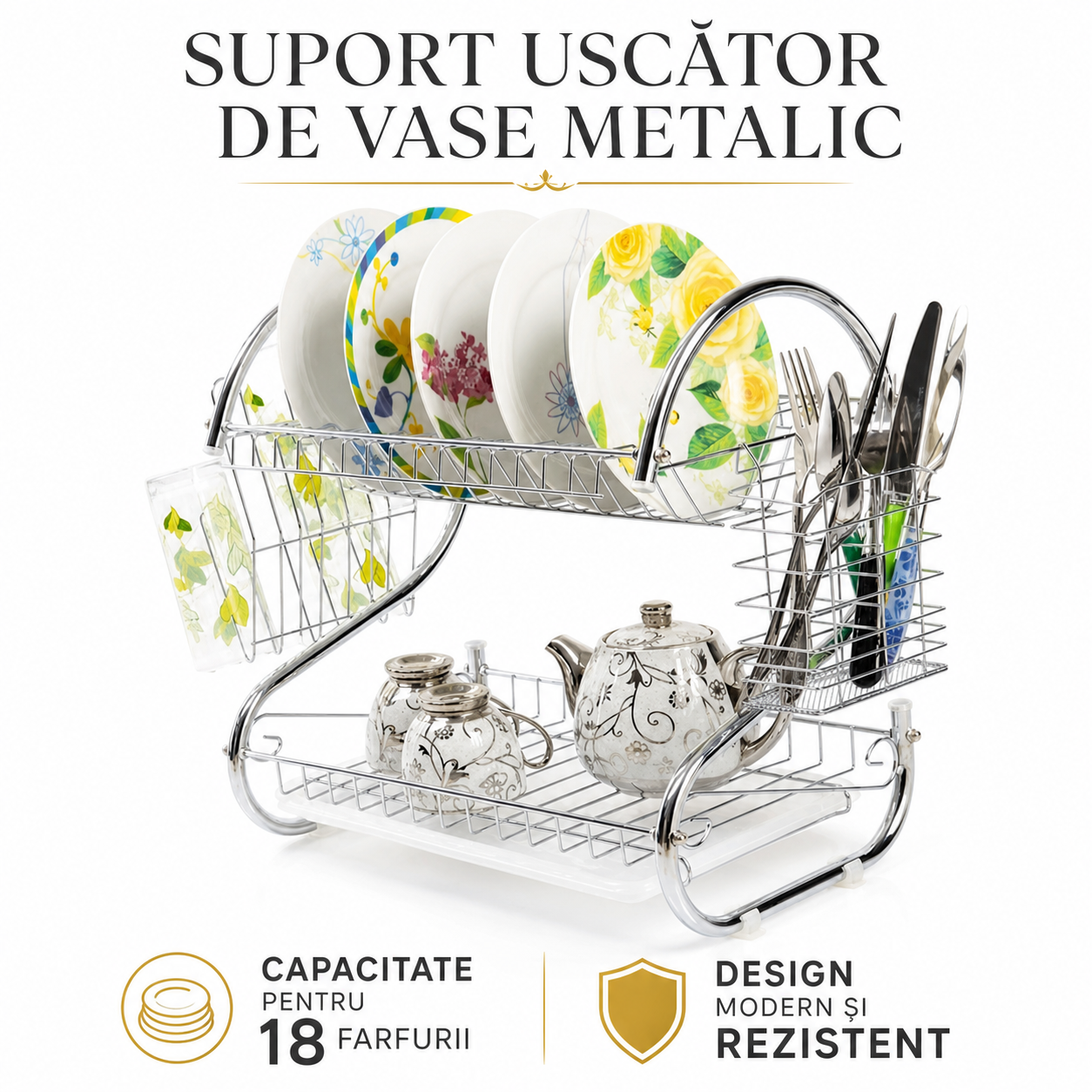 Uscator vase, 2 Niveluri, Compartimente pentru Tacâmuri și Pahare