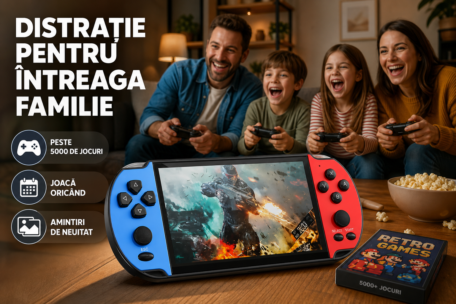 Consolă Portabilă Gaming și Multimedia, Ecran 4,3 Inch HD, 1000+ Jocuri