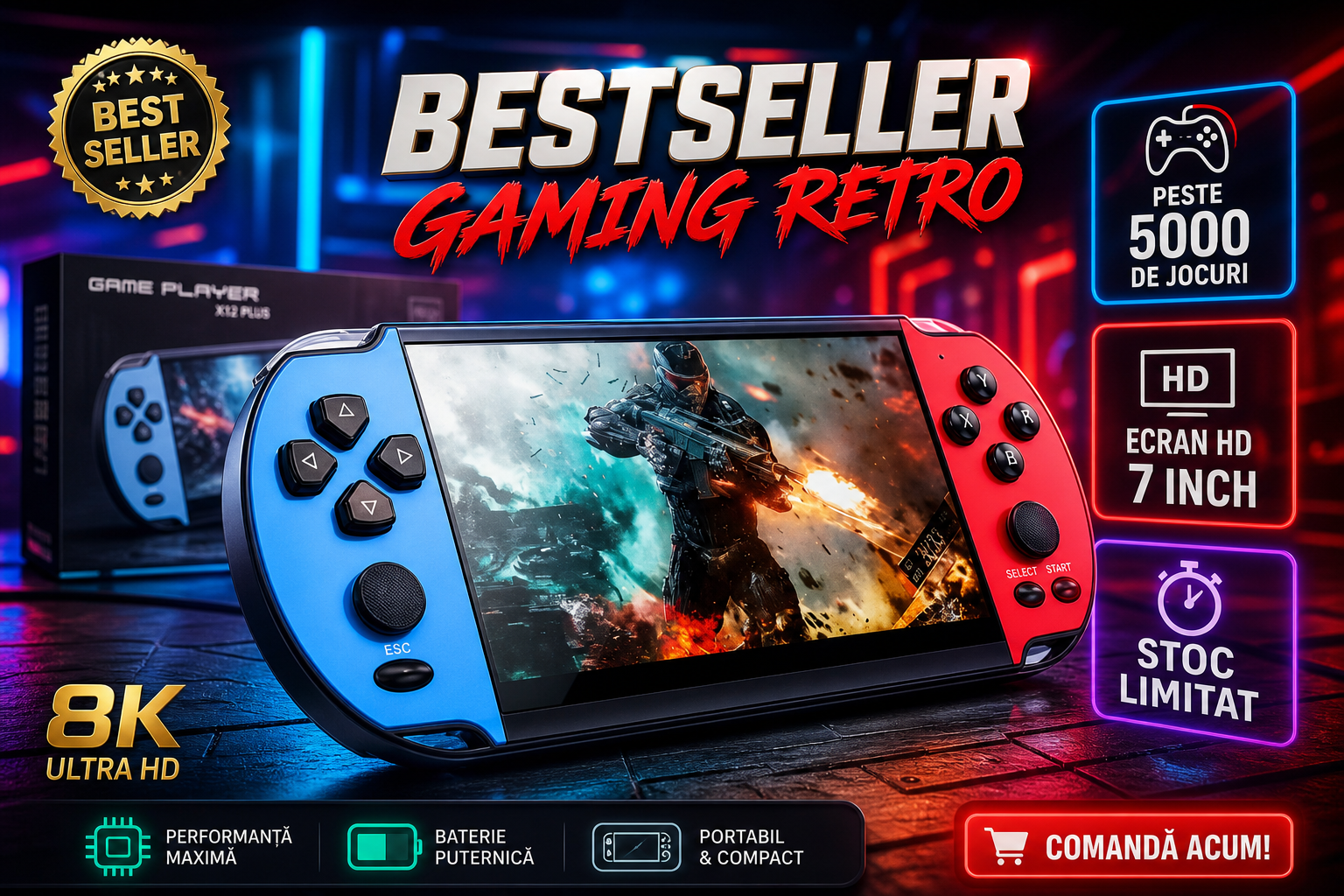 Consolă Portabilă Gaming și Multimedia, Ecran 4,3 Inch HD, 1000+ Jocuri