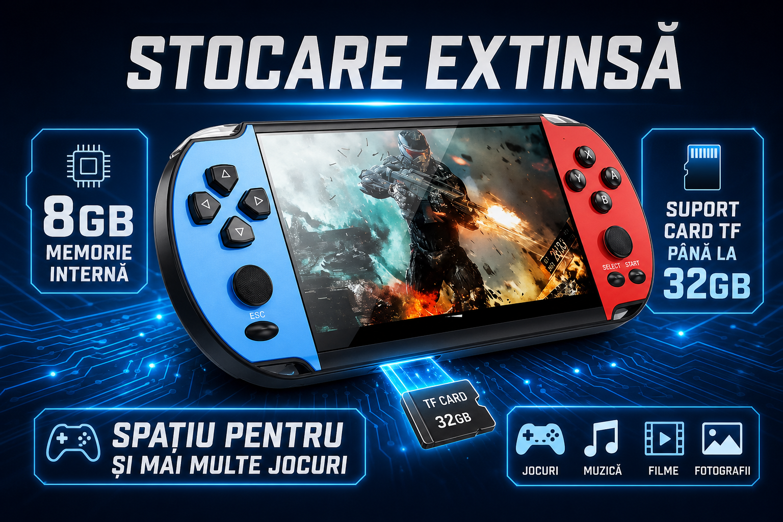 Consolă Portabilă Gaming și Multimedia, Ecran 4,3 Inch HD, 1000+ Jocuri