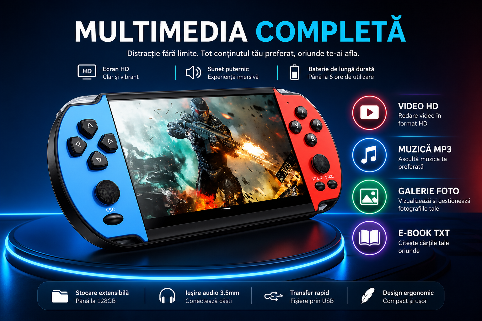 Consolă Portabilă Gaming și Multimedia, Ecran 4,3 Inch HD, 1000+ Jocuri