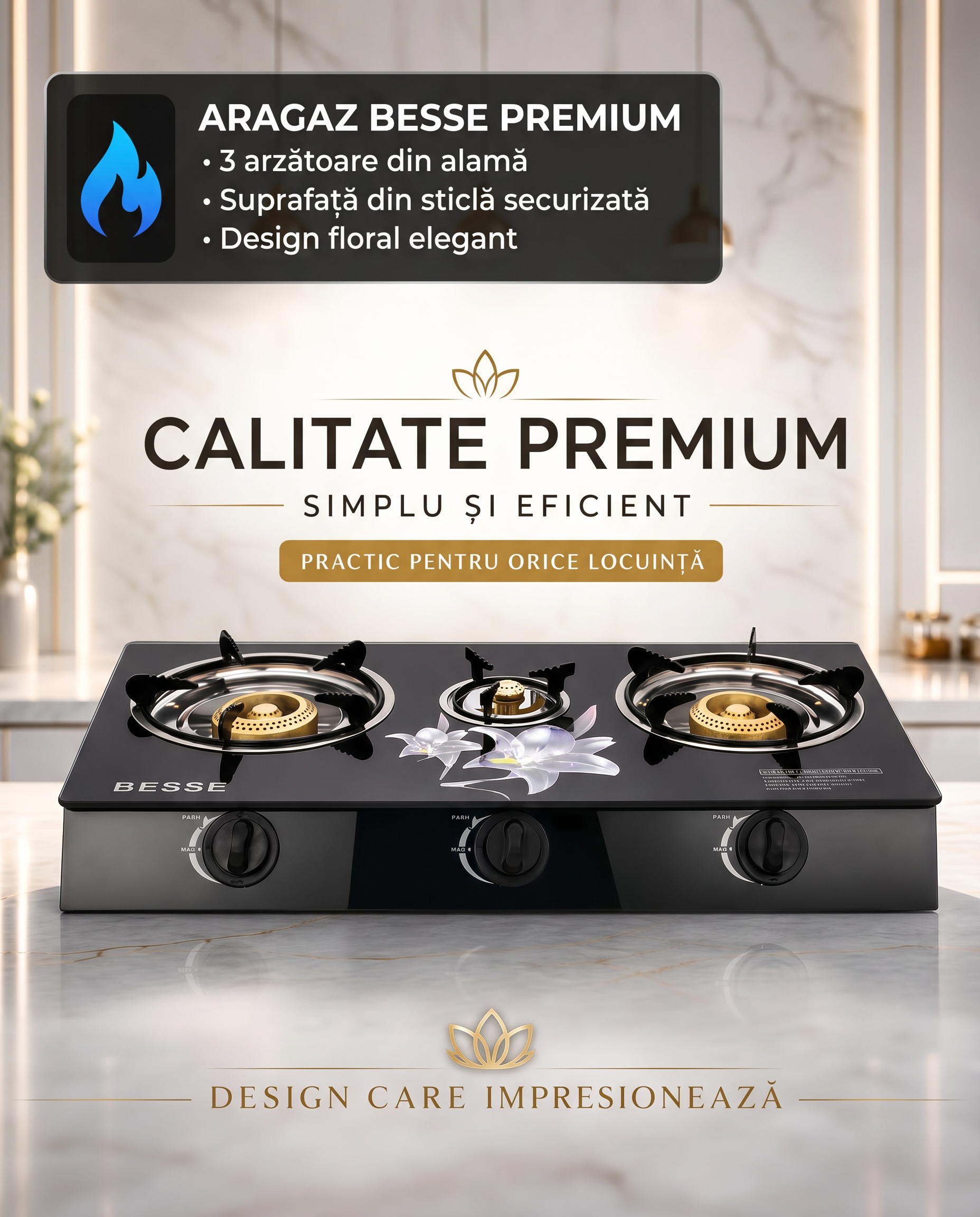 Aragaz pe Gaz 3 Ochiri, Aprindere Quartz, Finisaj Sticla, Negru