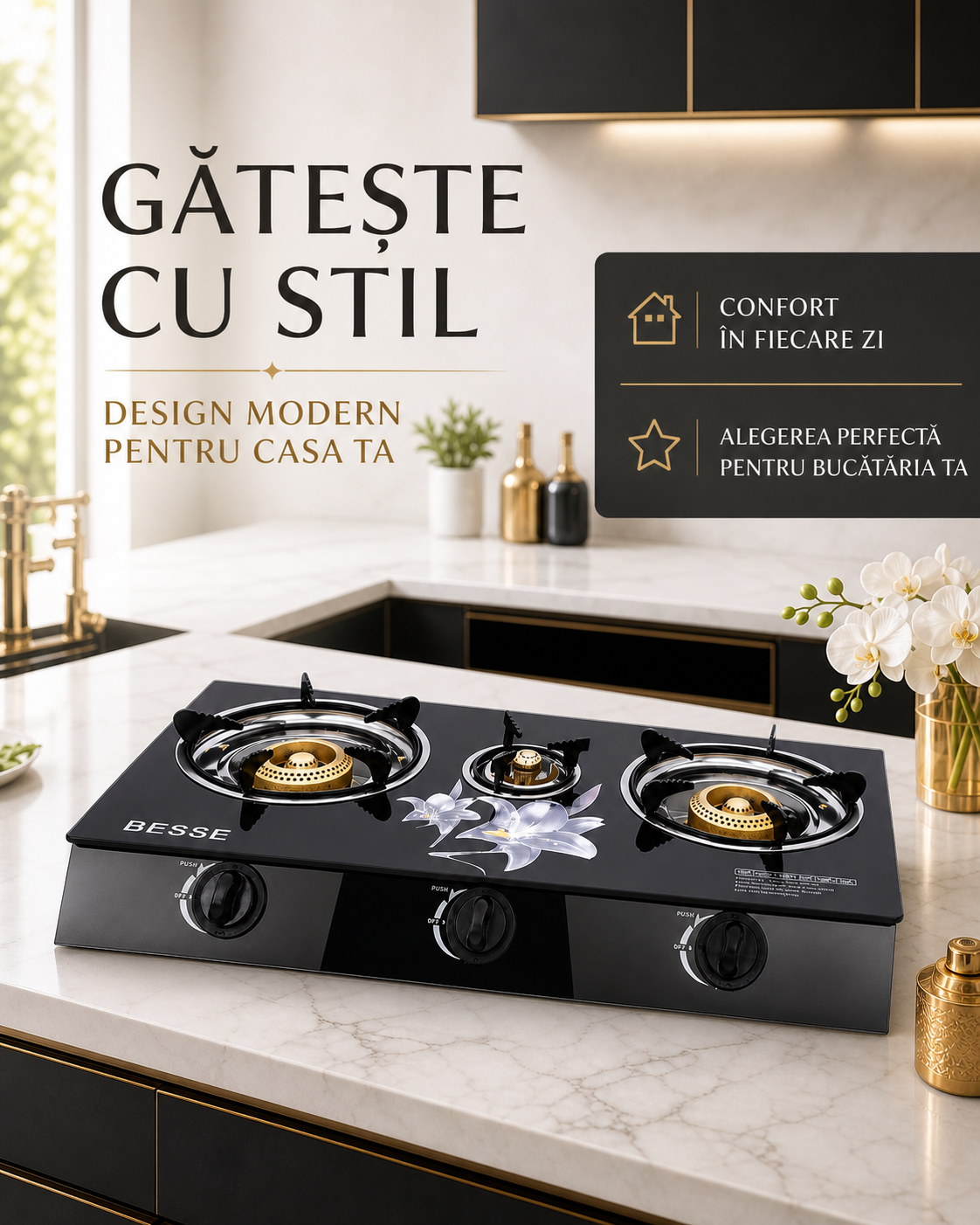 Aragaz pe Gaz 3 Ochiri, Aprindere Quartz, Finisaj Sticla, Negru