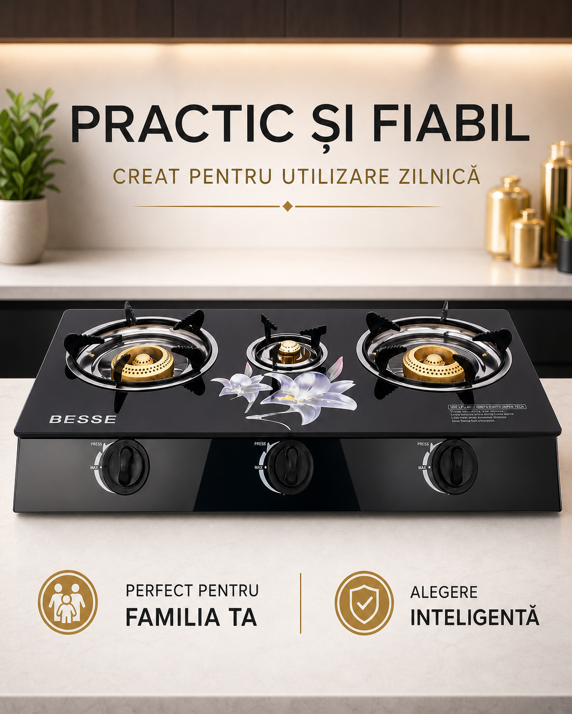 Aragaz pe Gaz 3 Ochiri, Aprindere Quartz, Finisaj Sticla, Negru
