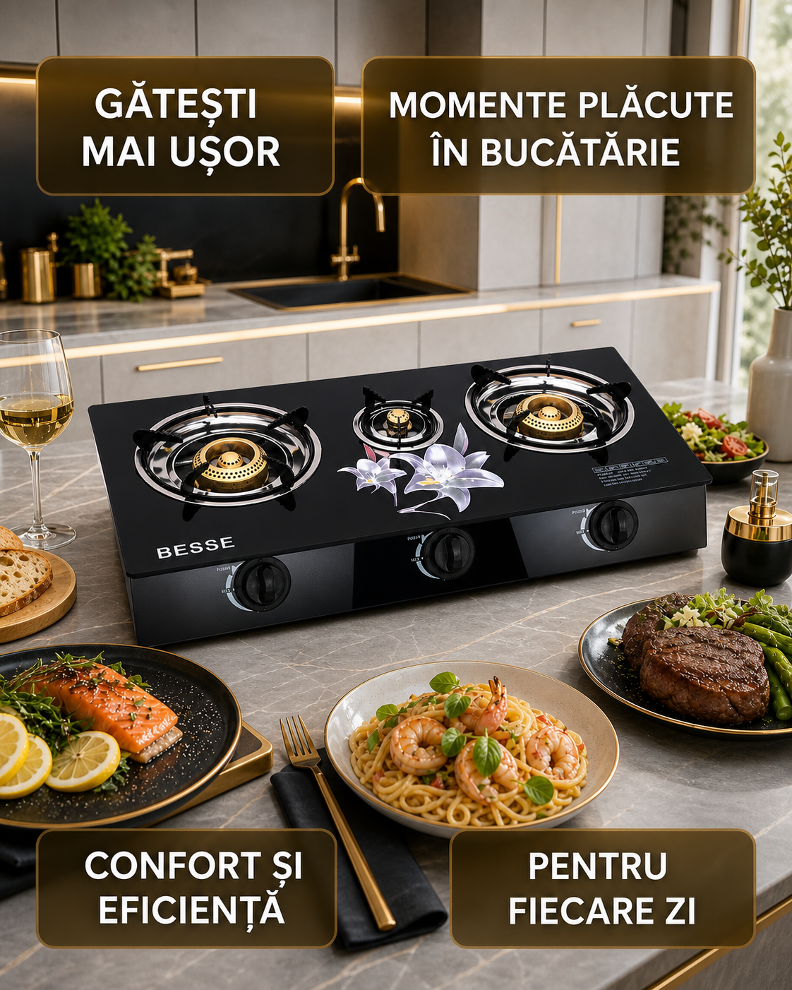 Aragaz pe Gaz 3 Ochiri, Aprindere Quartz, Finisaj Sticla, Negru