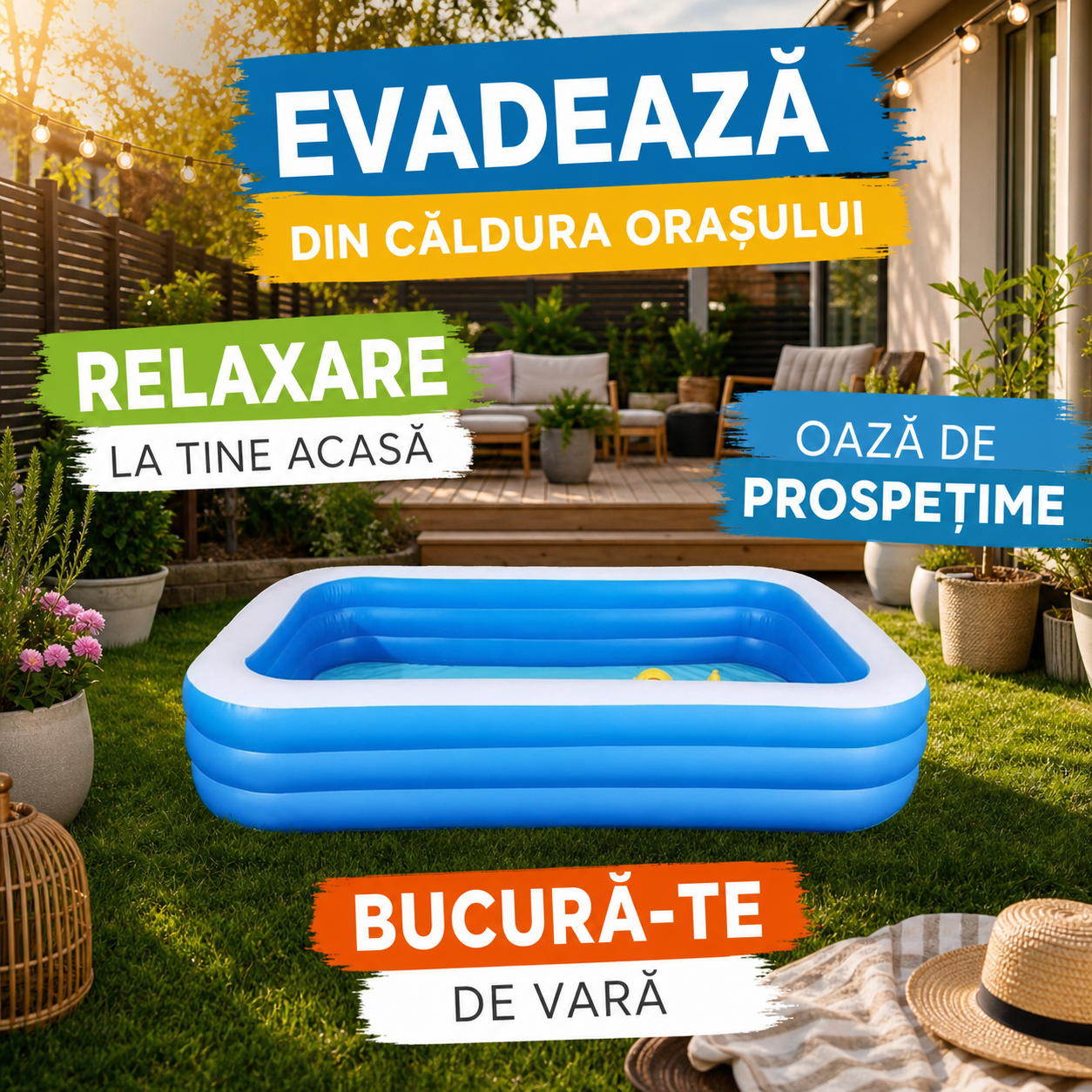 Piscină gonflabilă dreptunghiulară pentru grădină – capacitate mare