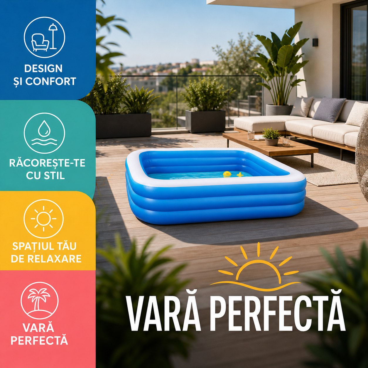 Piscină gonflabilă dreptunghiulară pentru grădină – capacitate mare