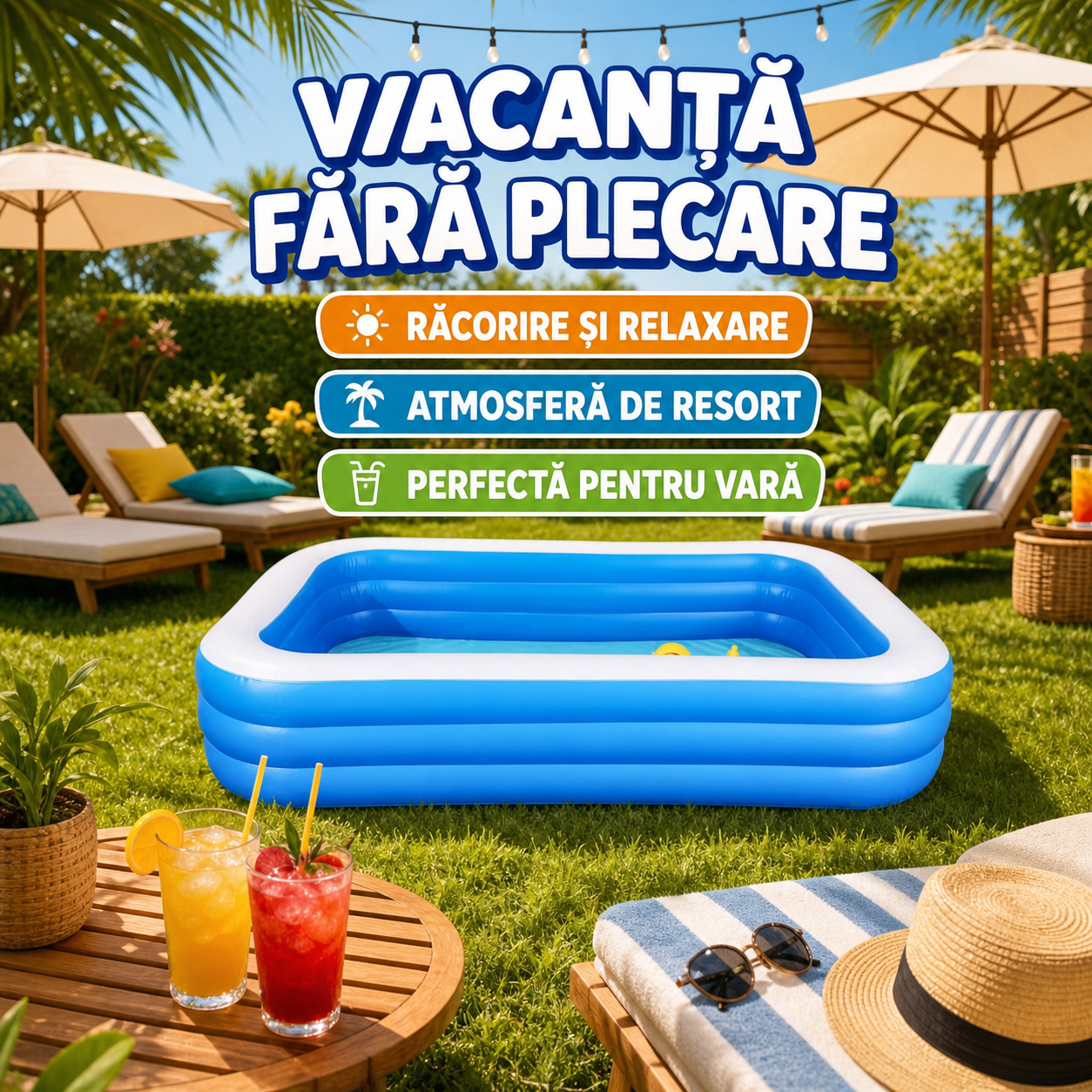 Piscină gonflabilă dreptunghiulară pentru grădină – capacitate mare