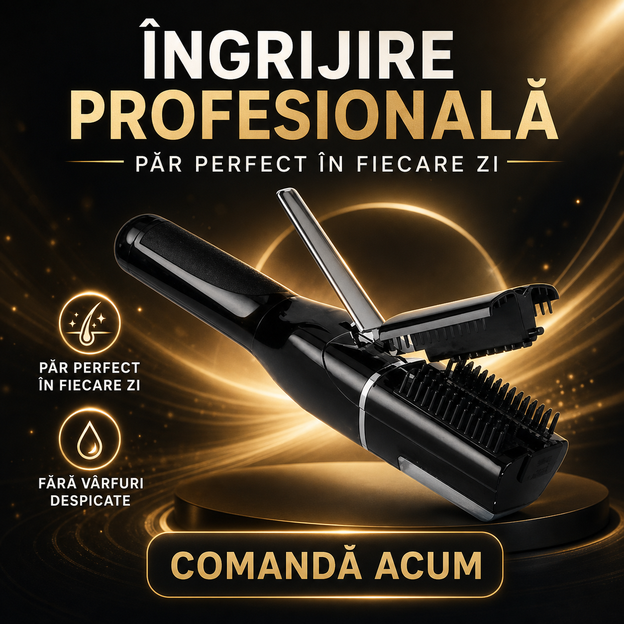 Aparat pentru tuns vârfuri de păr cu accesorii și geantă, negru